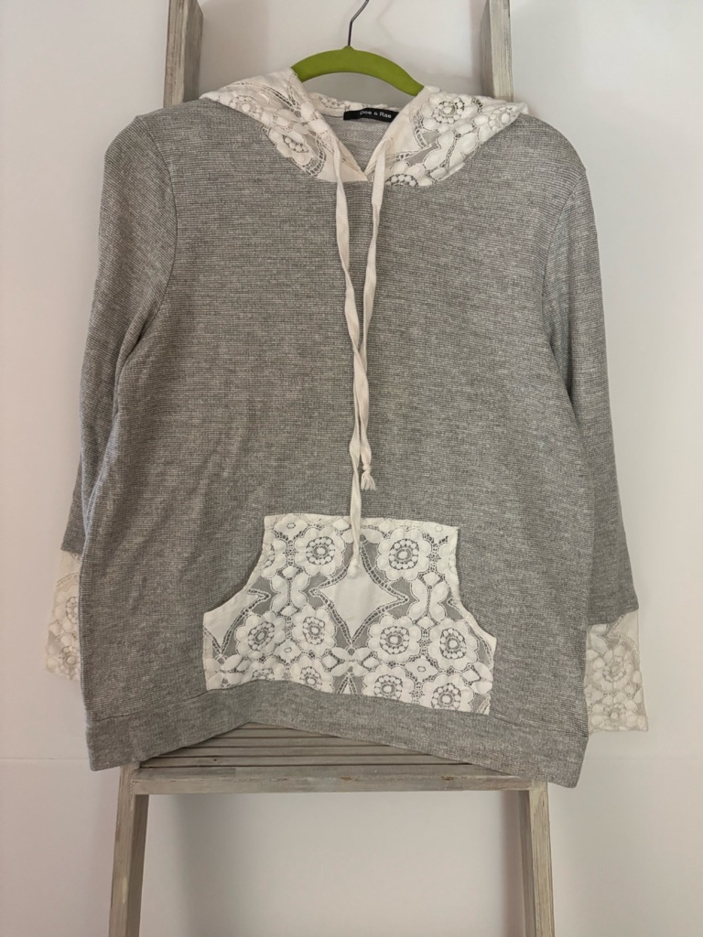 Gray Hoodie with White Lace Trim, cottagecore, grandmacore, feminine